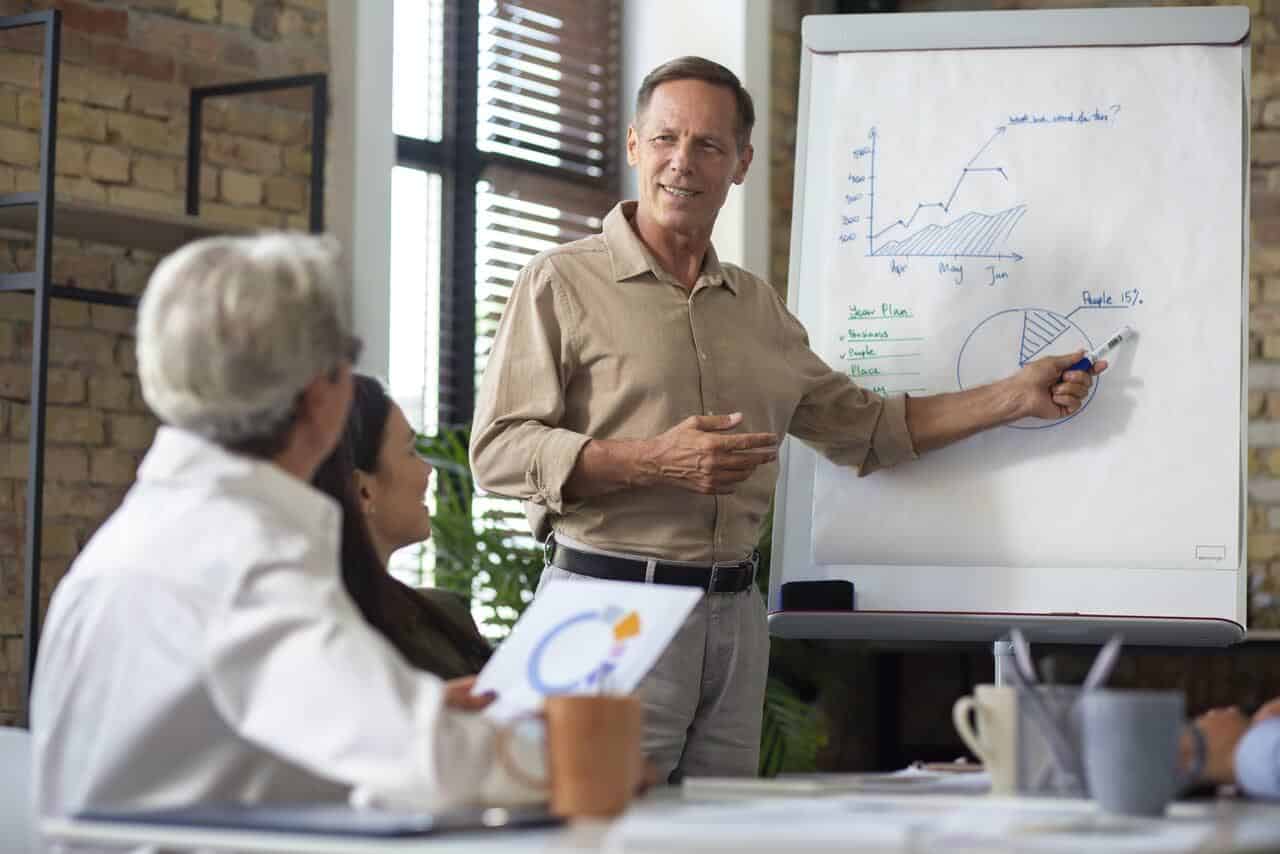 Coach presenting content on white board to audience